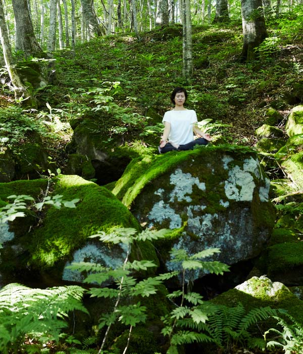 A woman meditating in the forest